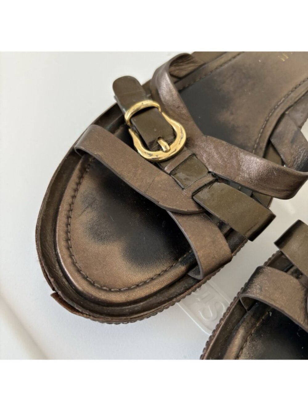 Cole Haan Brown Bronze Leather Slip On Buckle Sandals - Picture 3 of 15